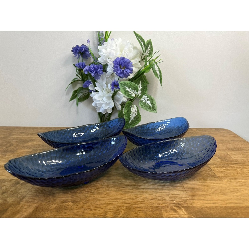 Vintage Cobalt Blue Textured Canoe Bowls Set Decorative Glass Serving Dishes